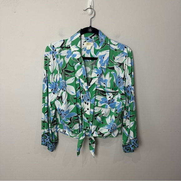 Anthropologie Maeve Matching Set Shirt Pants Floral Animal Print Green Blue - Picture 2 of 8